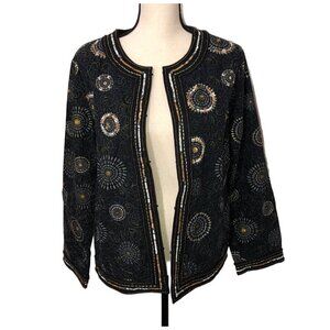 Chicos Embroidered Jacket Size 2 US L 12 Black Embroidered Metallic Sequin Beads